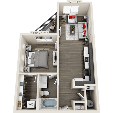 Floor plan for 1 bed, 1 bath, 722 sqft